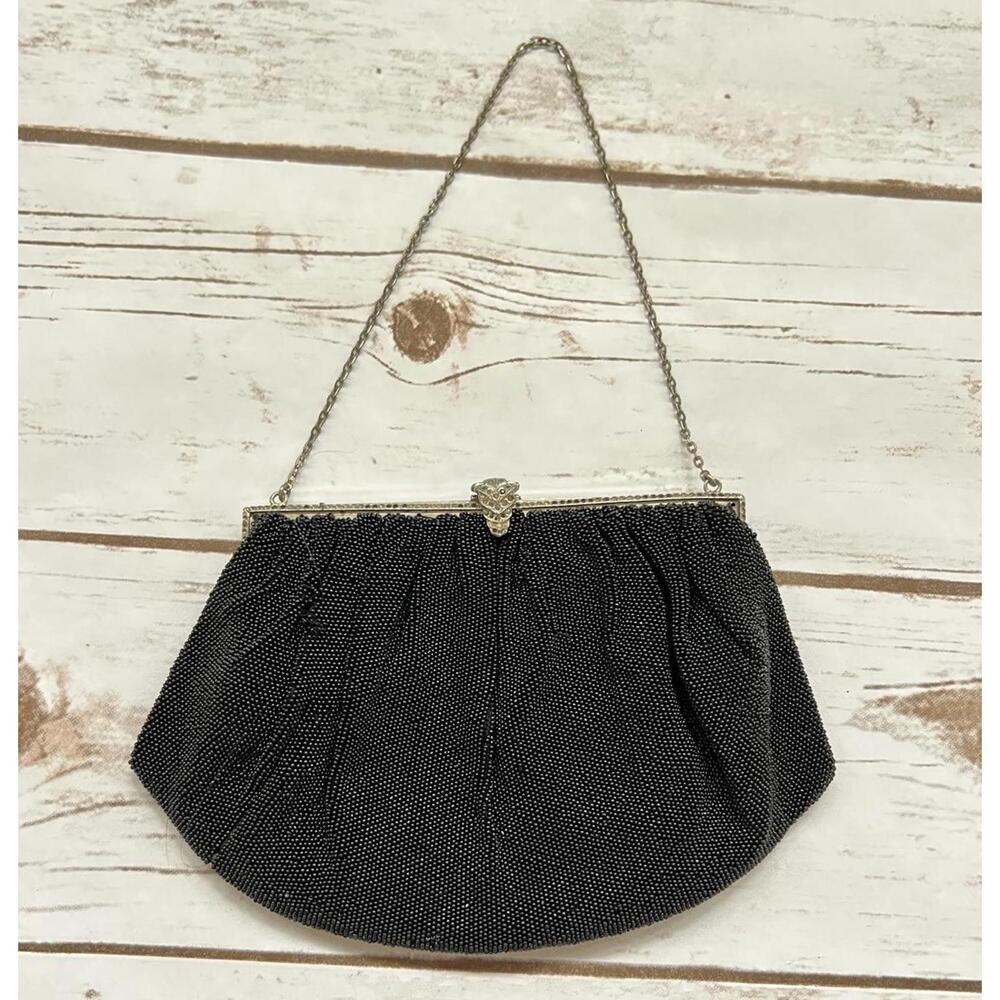 Vintage Beaded Evening Bag Black Seed Bead Rhinestone‎ Clasp Art Deco Clutch OS